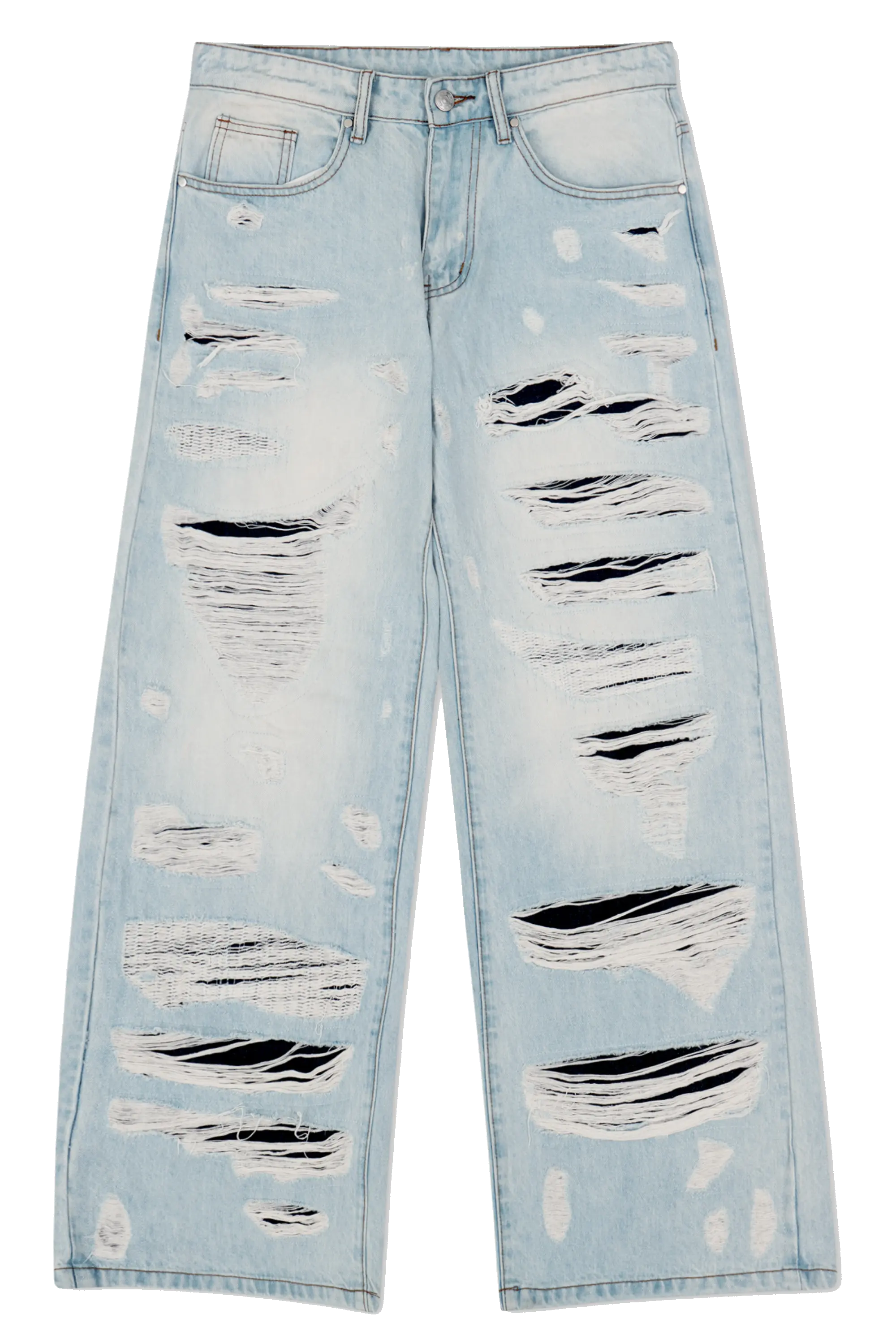 DISTRESSED DOUBLE DENIM PANTS