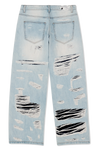 DISTRESSED DOUBLE DENIM PANTS