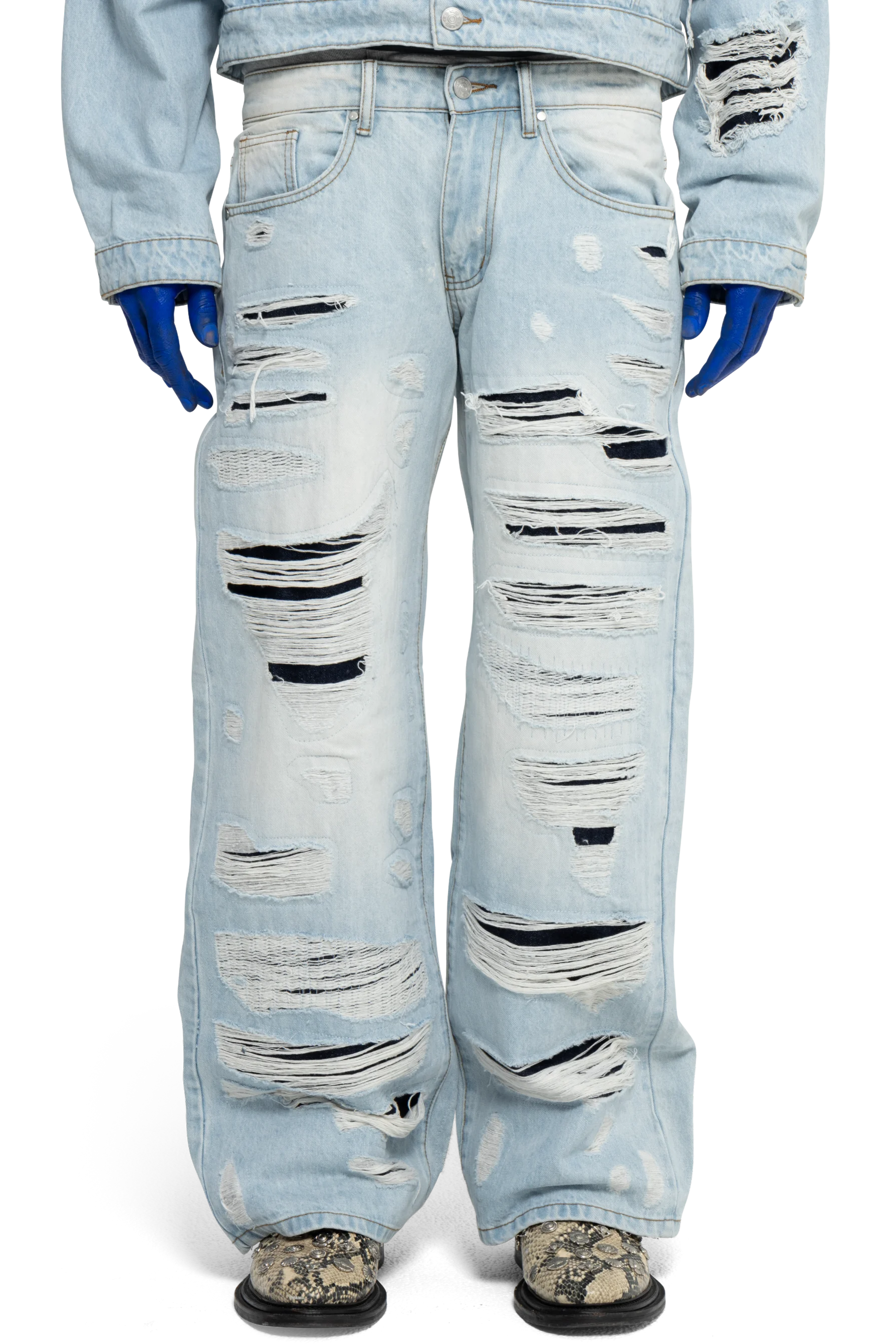 DISTRESSED DOUBLE DENIM PANTS